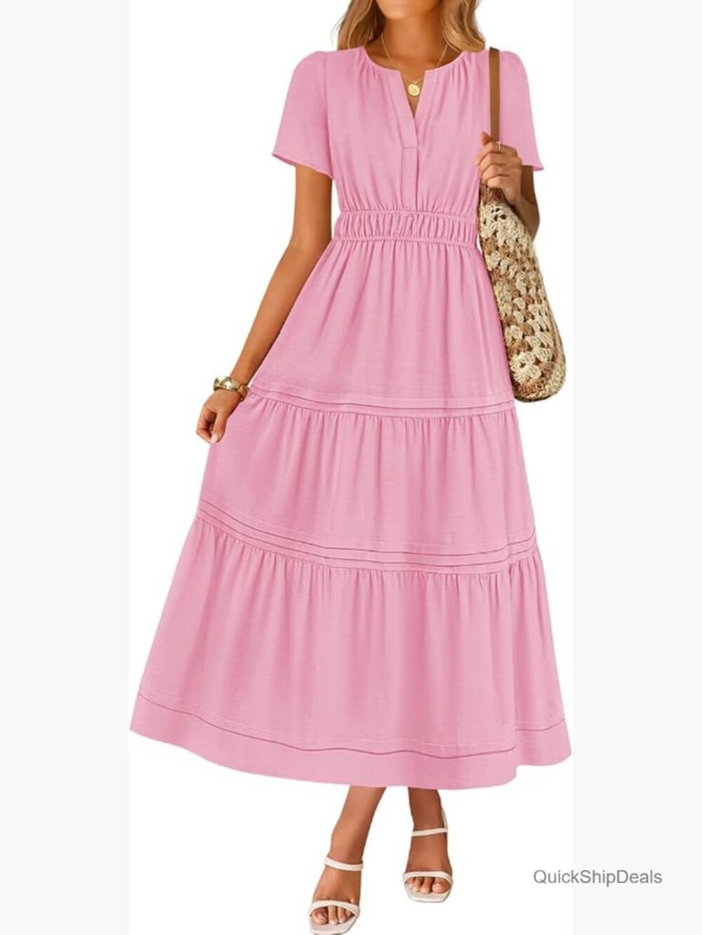 Casual Short Sleeve Midi Dress V Neck Elastic Waist Tiered Flowy Boho Dress